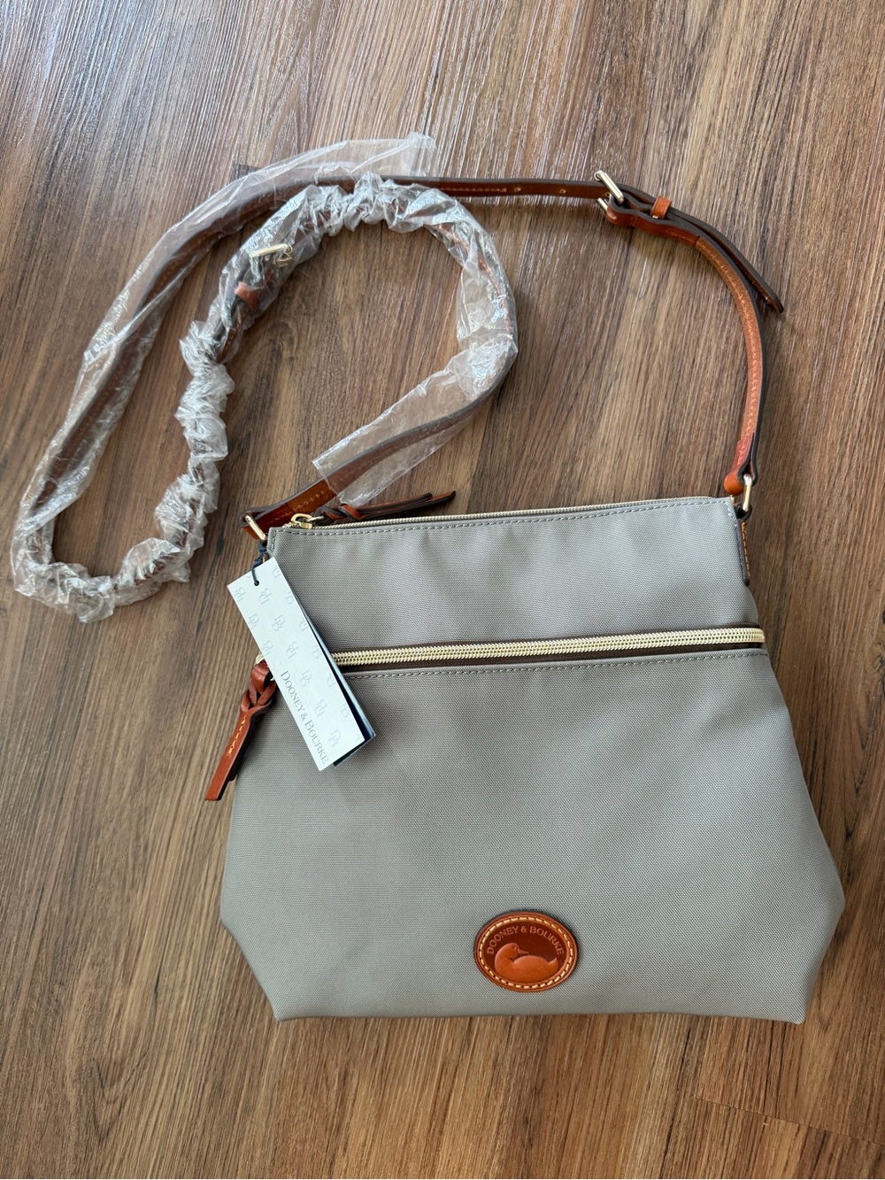 NWT Dooney & Bourke Taupe Crossbody with Tan Leather Trim